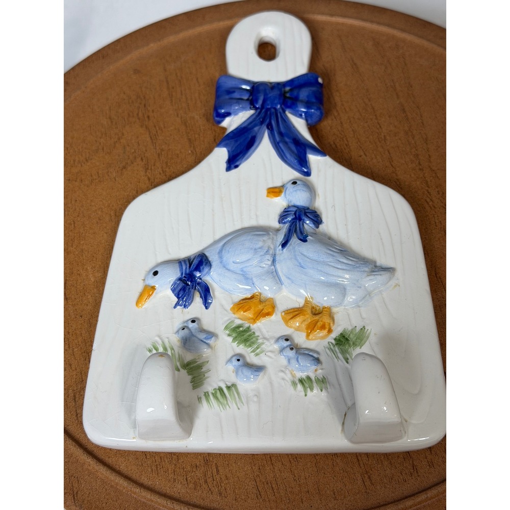 Vintage Ceramic Goose Family Wall Hook Rack Blue Bow Country Kitchen Decor